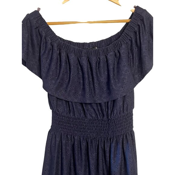 Navy Off-Shoulder Smocked Mini Dress Eyelet Design Ruffled Neckline Lace Hem  M - Picture 3 of 16